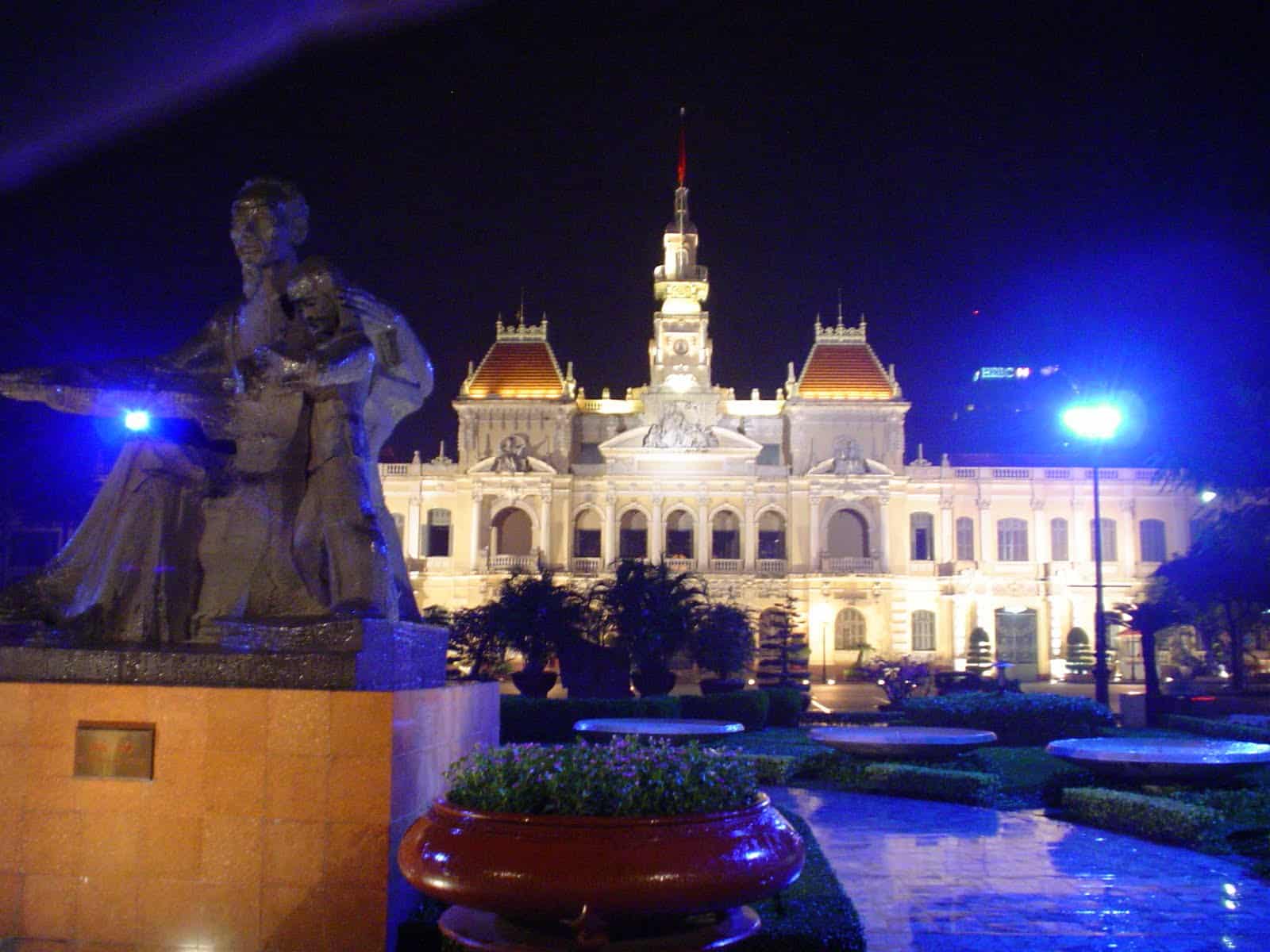 The City Hall glowing blue after a heavy rain.