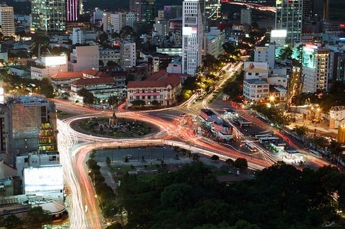 A really cool time lapse photo taken from the top of Chill Skybar overlooking the circle outside Ben Thanh market.