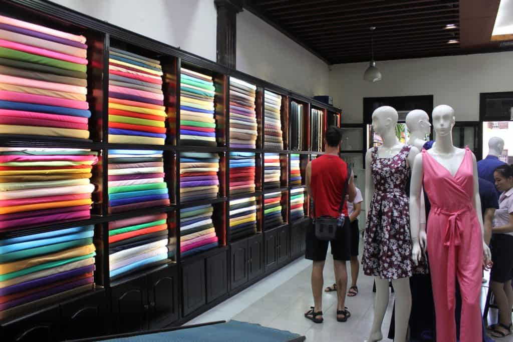 colorful fabrics in a tailor shop in Hoi An